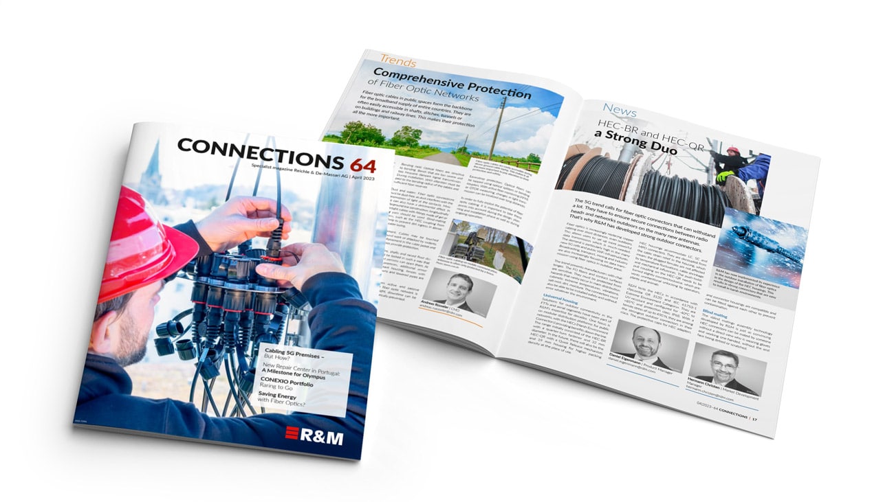 Fachmagazin CONNECTIONS No. 64 von R&M informiert über die optimale Verkabelung für Mobilfunkzellen und 5G-Antennen.